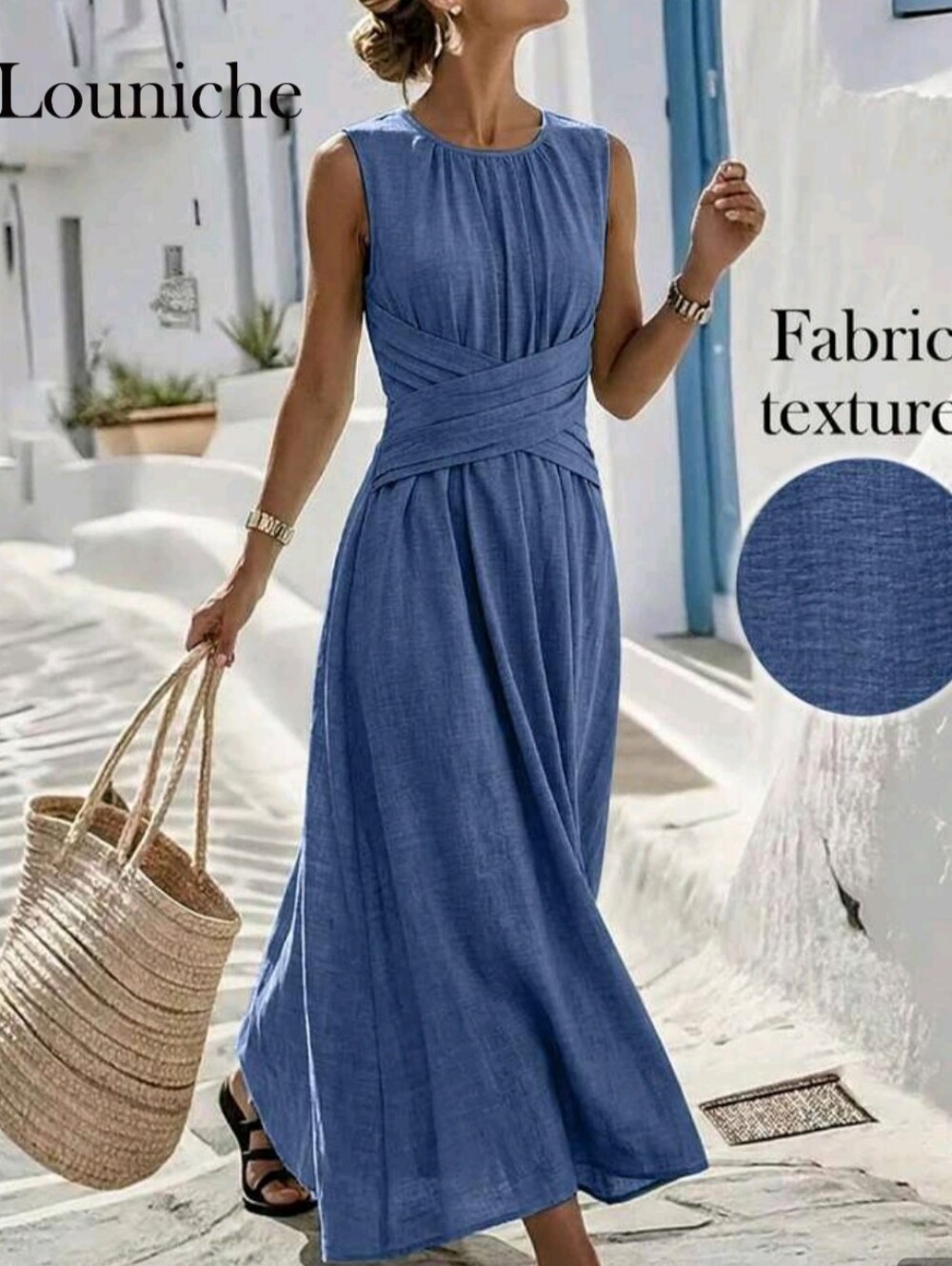 Blue Sleeveless Cross-Waist Maxi Dress